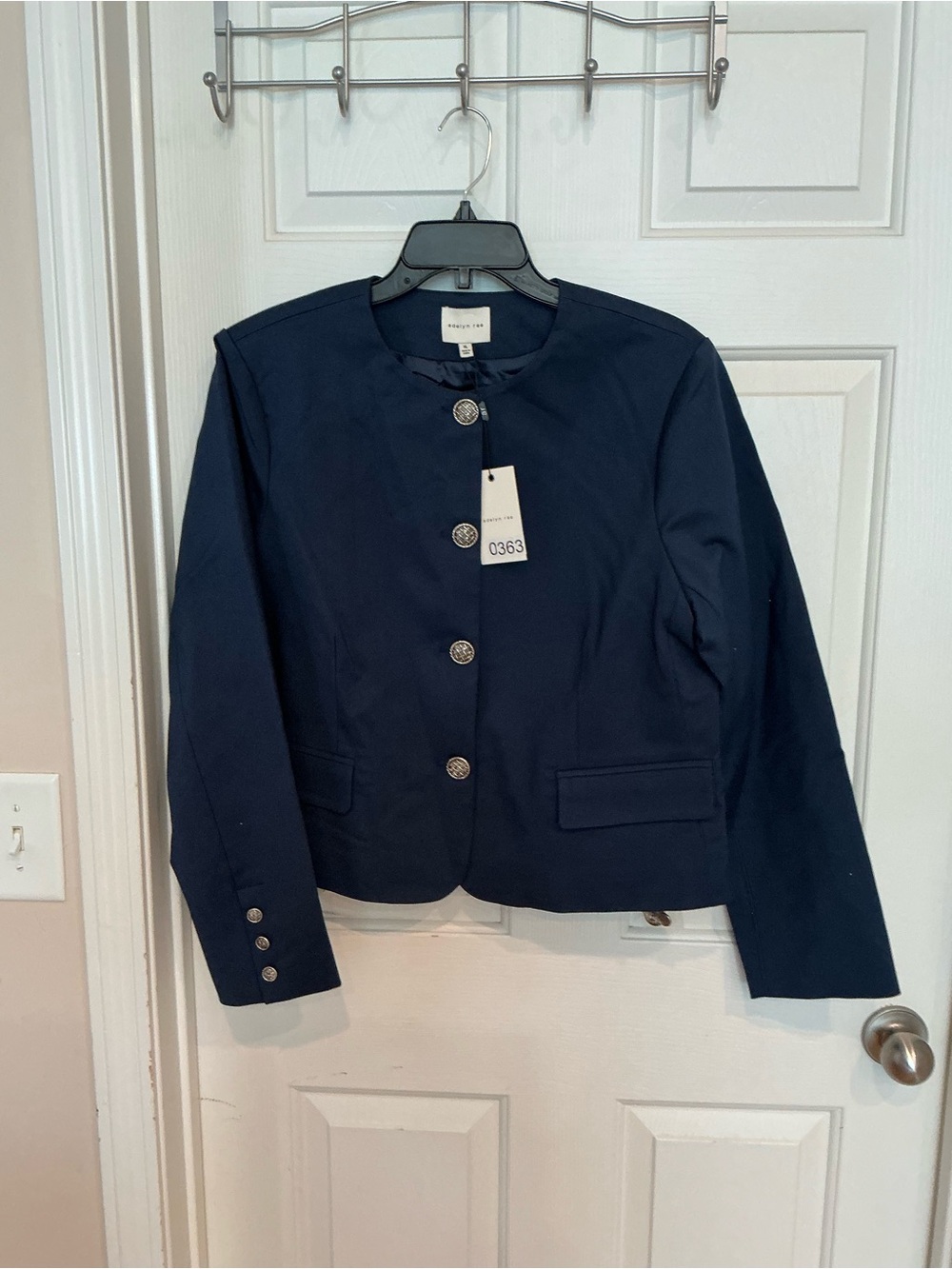 Women's Navy Round-Neck Button Blazer